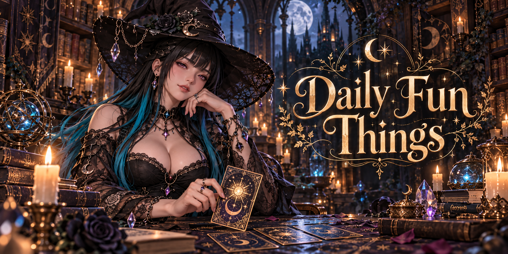 Daily Fun Things: Kitten holding an oracle card at her candlelit table beneath the stars.
