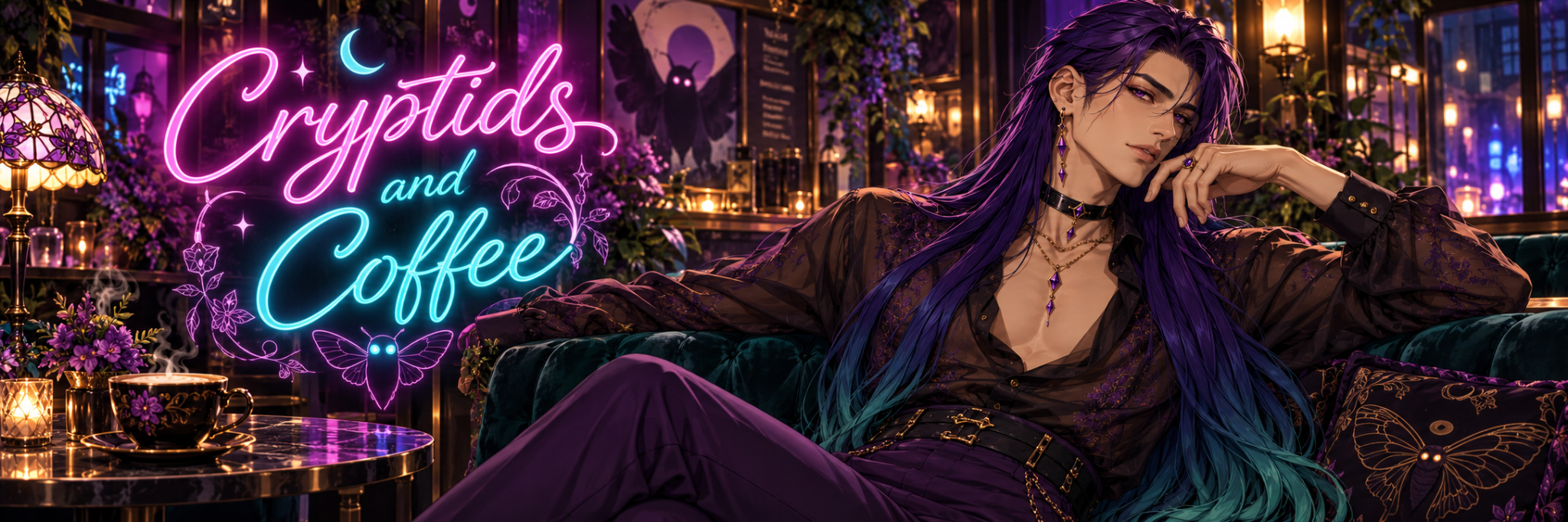 Cryptids and Coffee Discord banner with Kri in a neon-lit gothic cafe.
