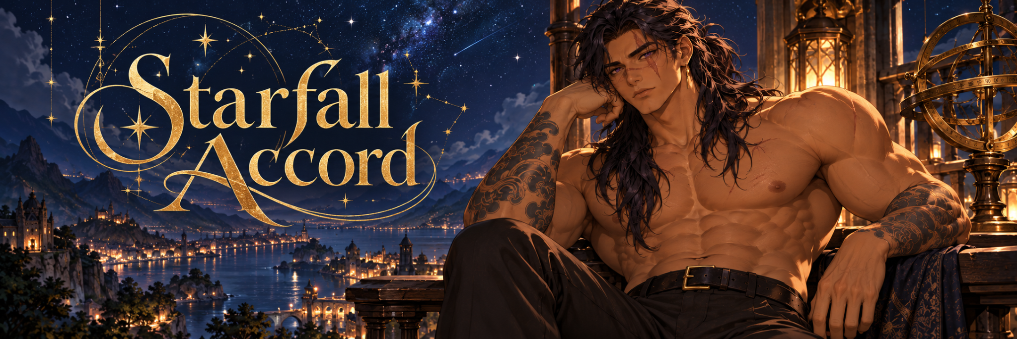 Starfall Accord Discord banner with Mizu in a candlelit observatory overlooking a starry city.