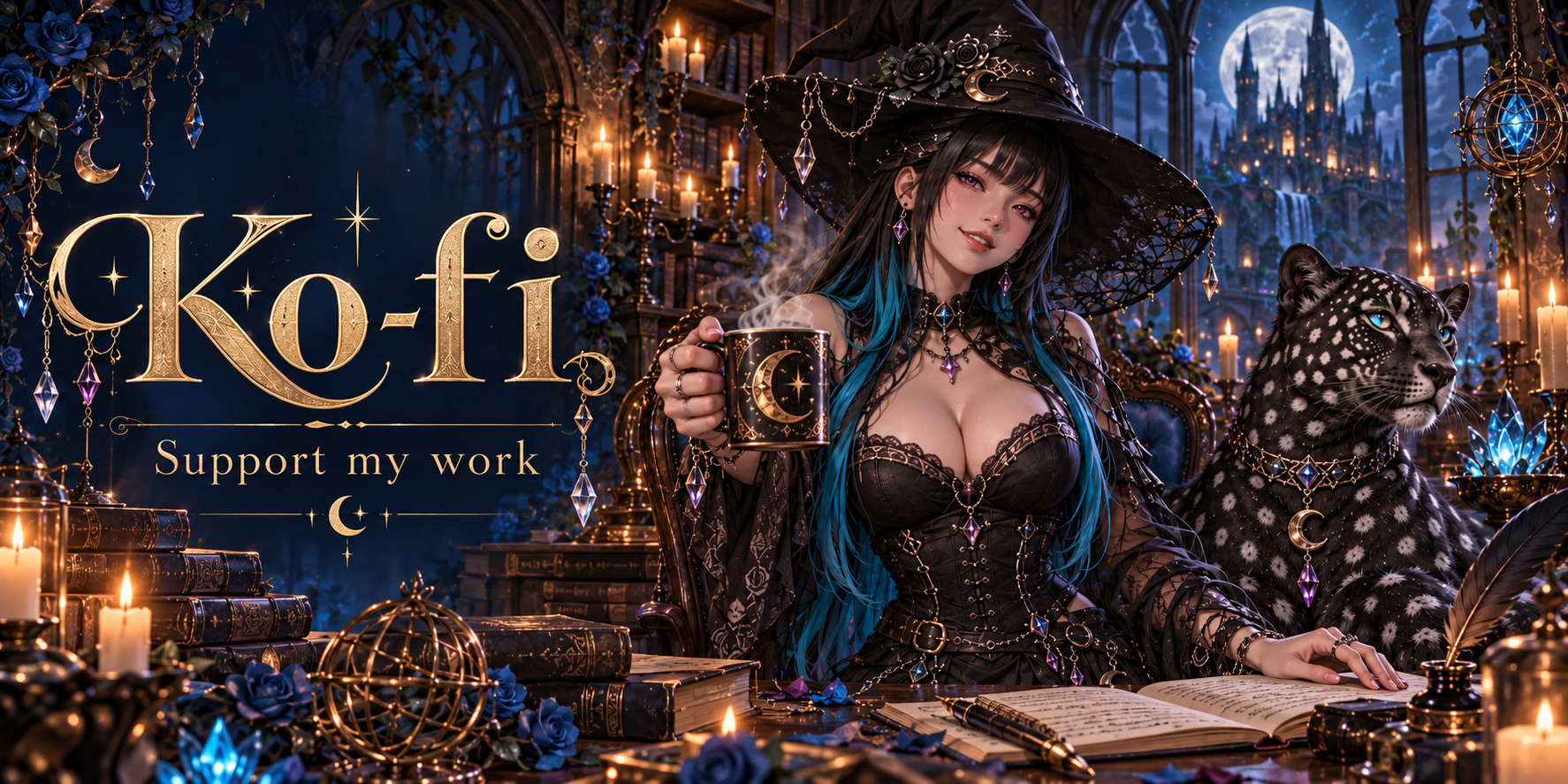 Ko-fi: support KittenBlue's work, shown in a candlelit gothic library.