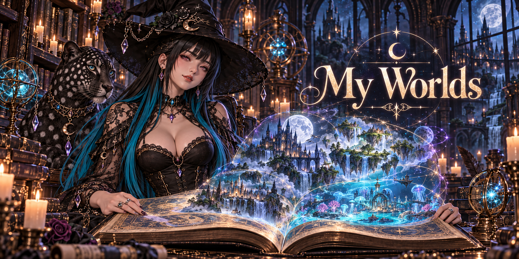 My Worlds: Kitten and her spotted feline companion beside a magical atlas of glowing worlds.