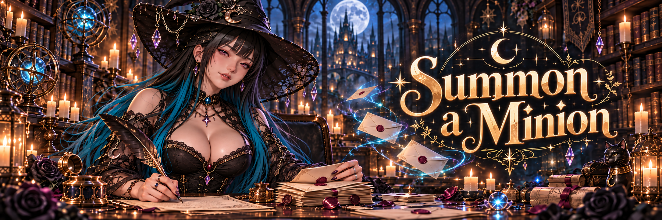 Summon a Minion. KittenBlue writing by candlelight in a magical library.