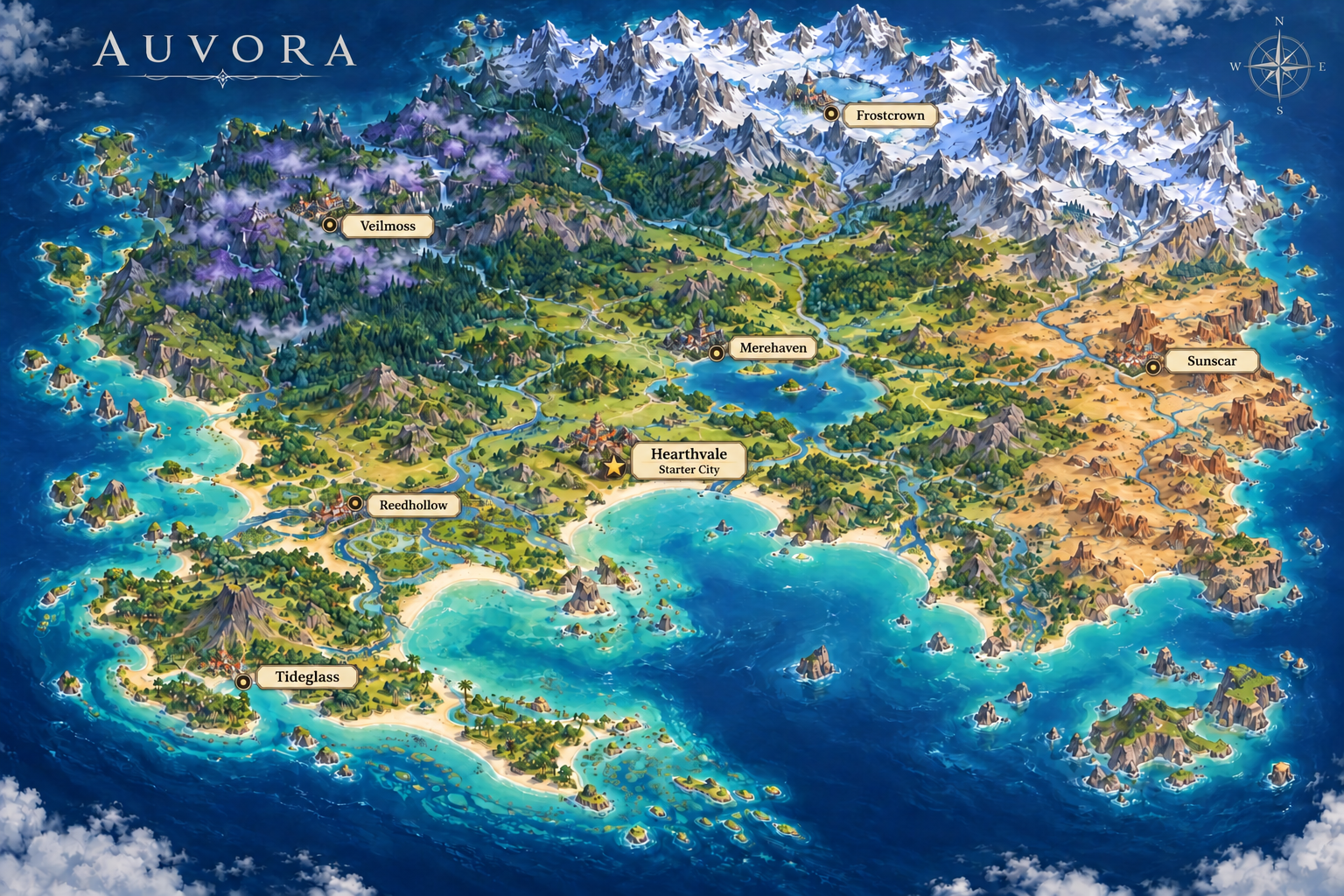 Kitten’s original Auvora regional map with 7 established settlement markers