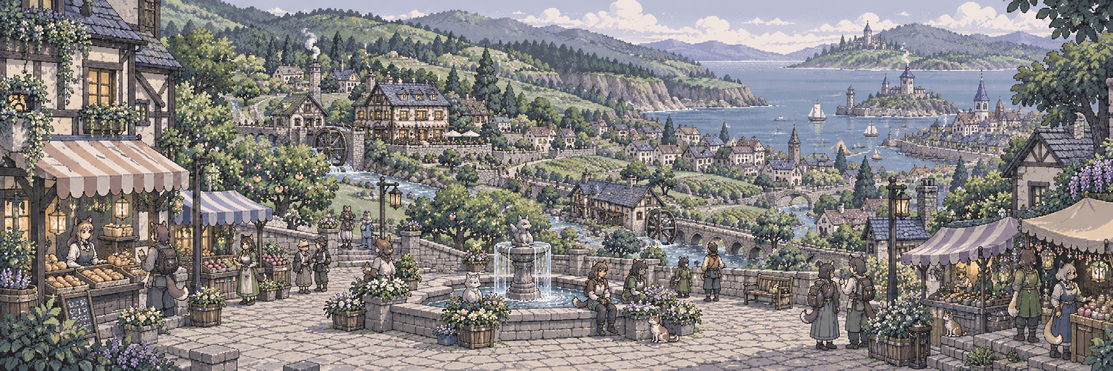 Pixel-art concept of Hearthvale’s market, orchard homes, stream and distant sheltered bay